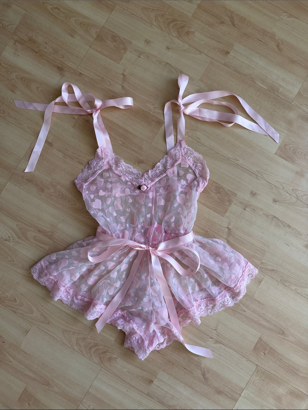 Pulling All Nighters Mesh Romper Sheer Pink Heart Lace Teddy with Satin Ties